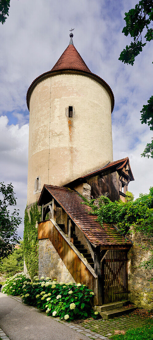 In front of the picturesque digestion tower, Dinkelsbühl, Franconia, Bavaria, Germany
