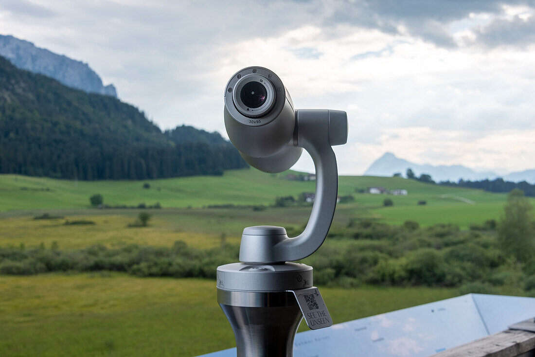 Binoculars, telescope, Schwemm nature reserve, North Tyrol's largest preserved moorland landscape, Walchsee, Kaiserwinkl, Tyrol, Austria