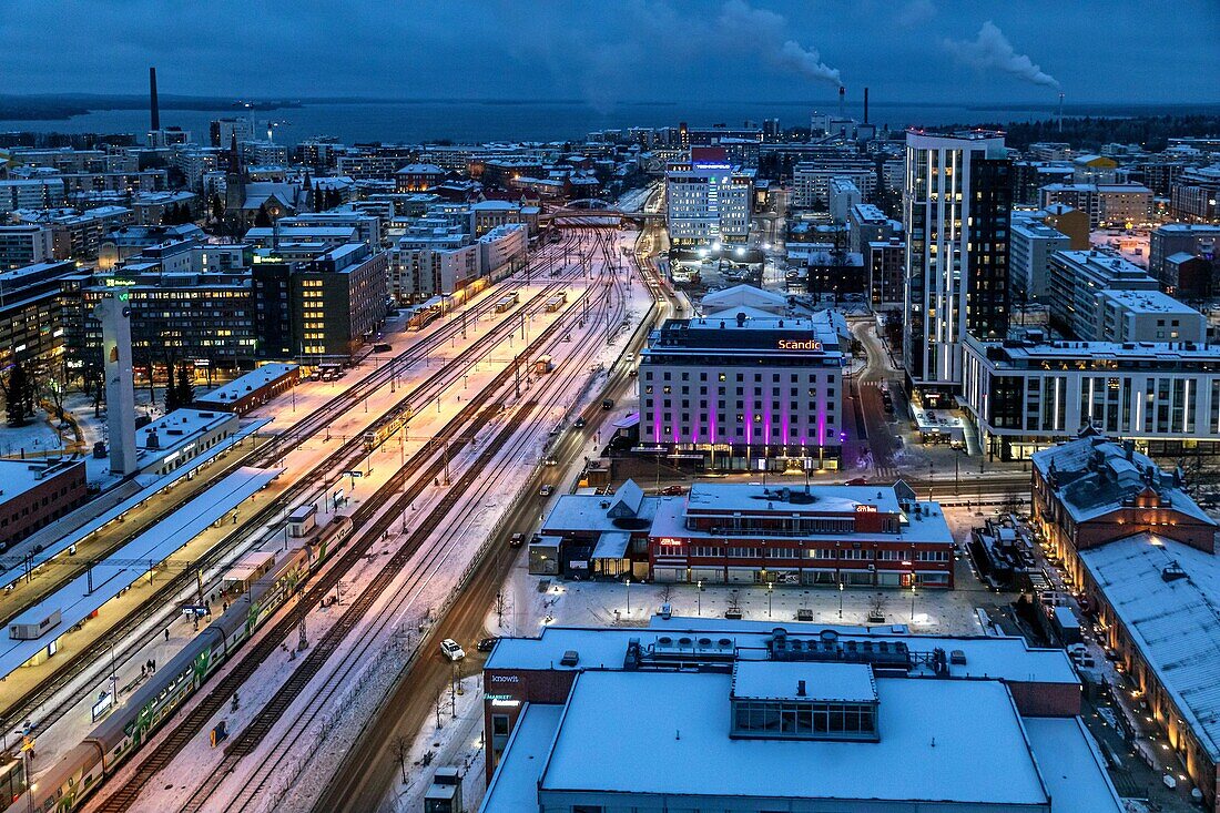 city center and main train station seen from the panoramic moro sky bar, tampere, finland, europe