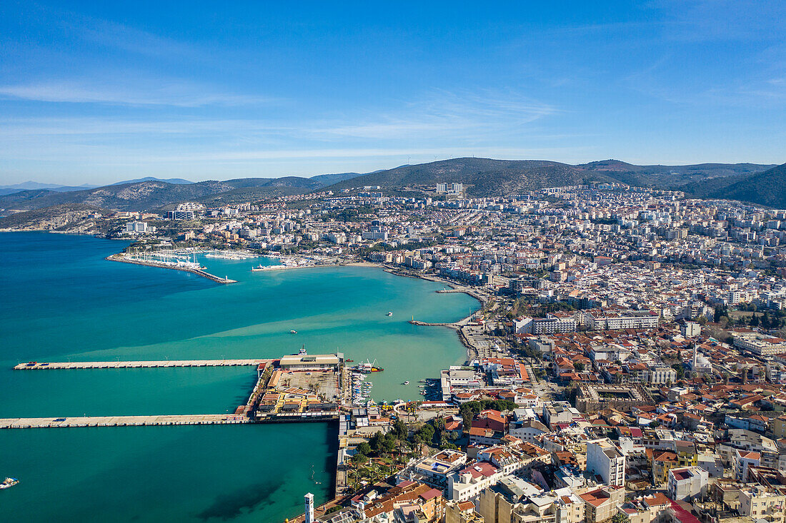 Turkey, Aydin, Kusadasi, Aerial view of sea and city