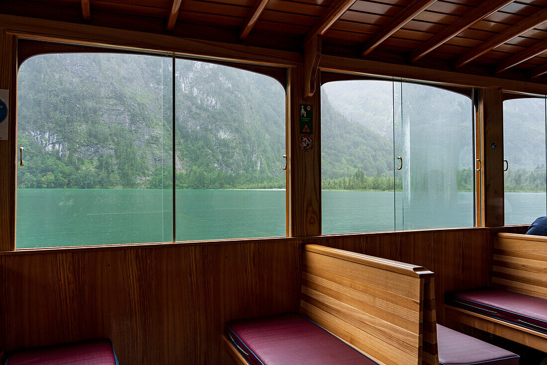 Germany, Bavaria, Interior of historic electric ferry in Koenigsee