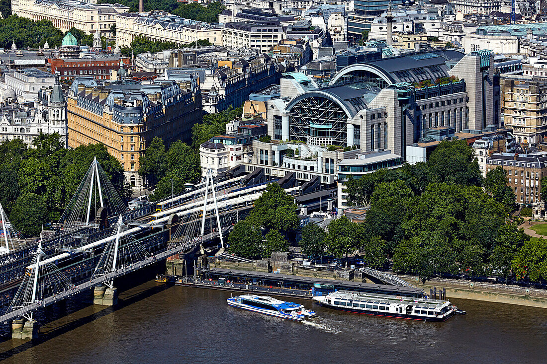 UK, London, Aerial view of Charing Cross railway station and river Thames