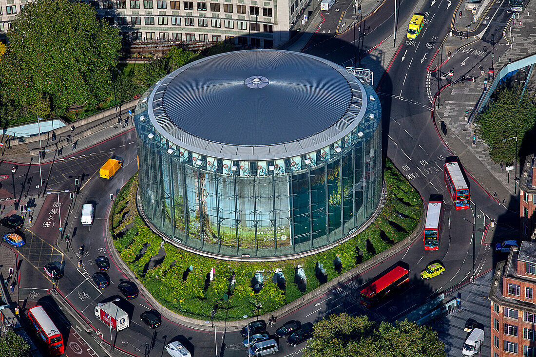 UK, London, Aerial view of Odeon BFI IMAX cinema and traffic circle in Waterloo