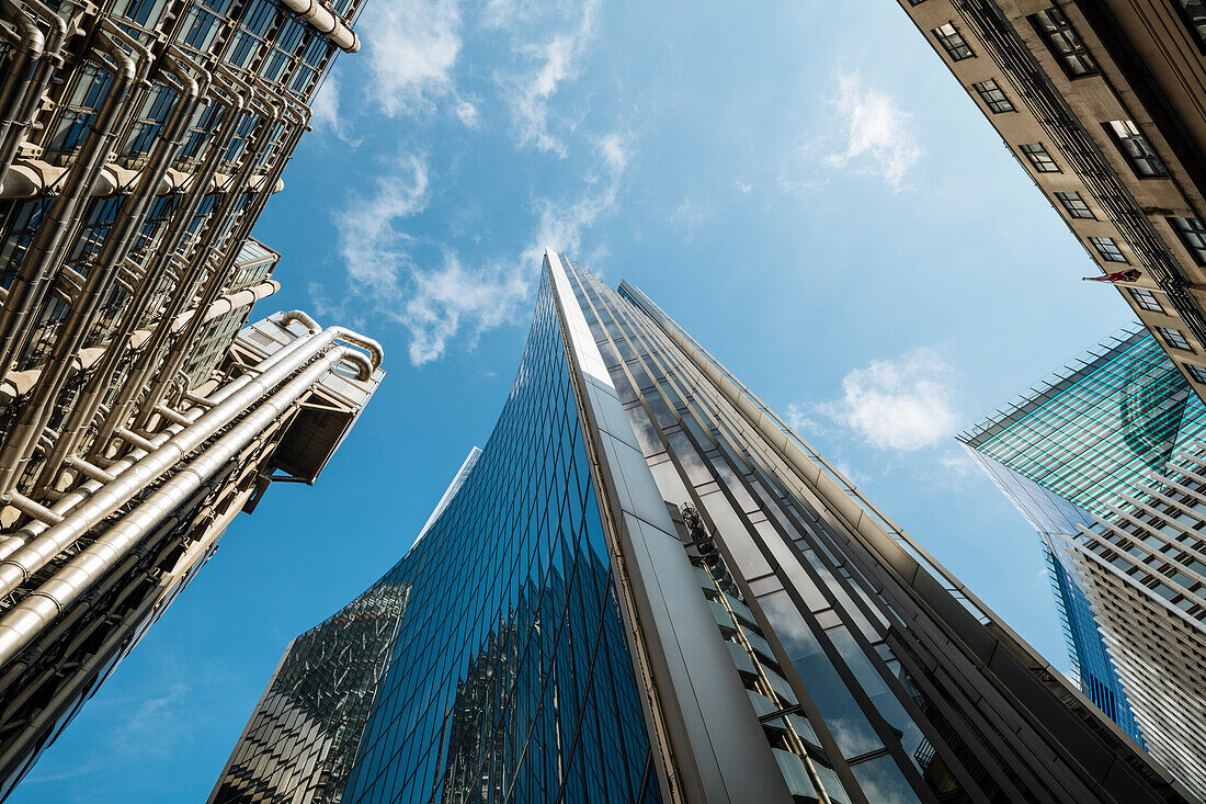 UK, London, Financial district skyscrapers seen from below