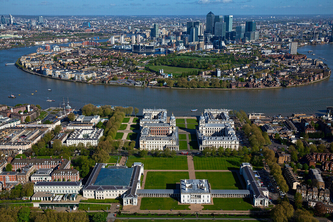 UK, London, Aerial view of Greenwich and Isle of Dogs