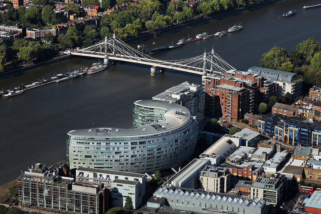 UK, London, Aerial view of Battersea buildings and River Thames