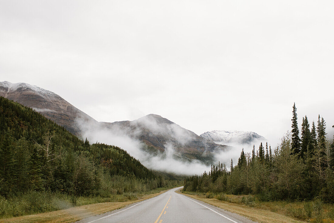 Kanada, Yukon, Whitehorse, leere Straße, die hügelige Landschaft im Nebel überquert