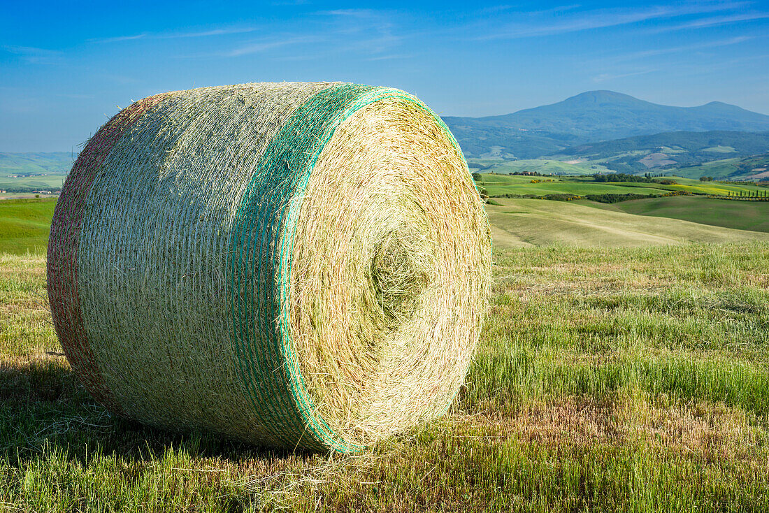 Harvested wheat field with straw bales, landscape around Pienza, Val d'Orcia, Orcia Valley, UNESCO World Heritage Site, Province of Siena, Tuscany, Italy, Europe