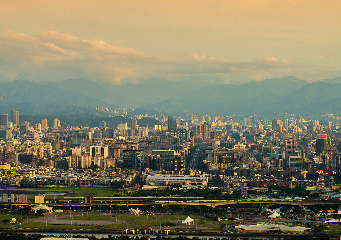 View of crowded cityscape with modern buildings in Taiwan