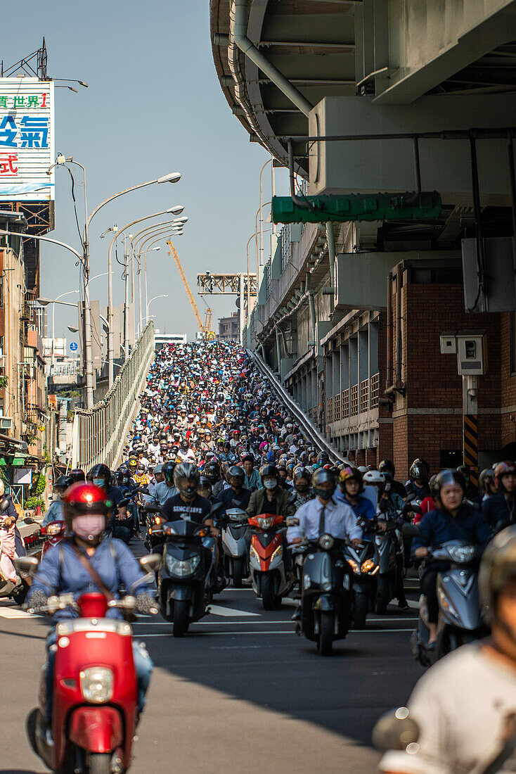 Heavy traffic moving on city bridge, Taiwan