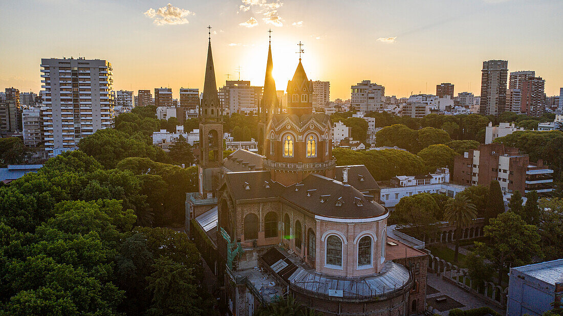 Aerial view of cityscape during sunrise