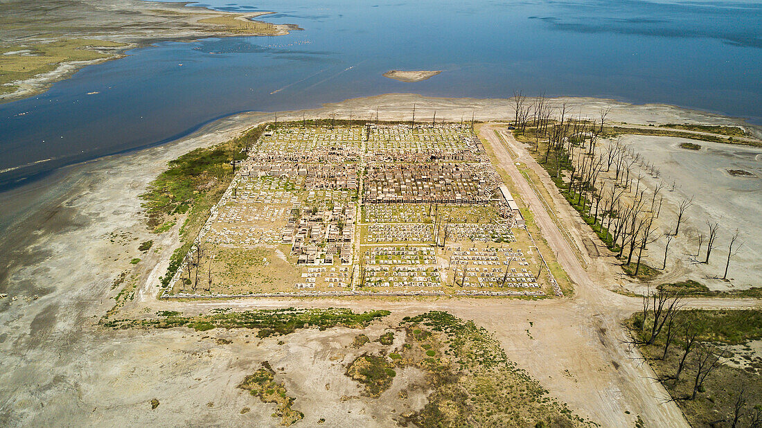 Aerial view of old ruins on edge of Laguna Epecuen