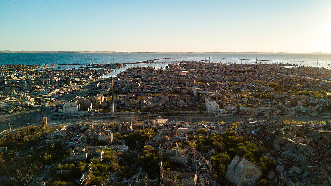 Aerial view of abandoned village by coastline, Villa Epecuen