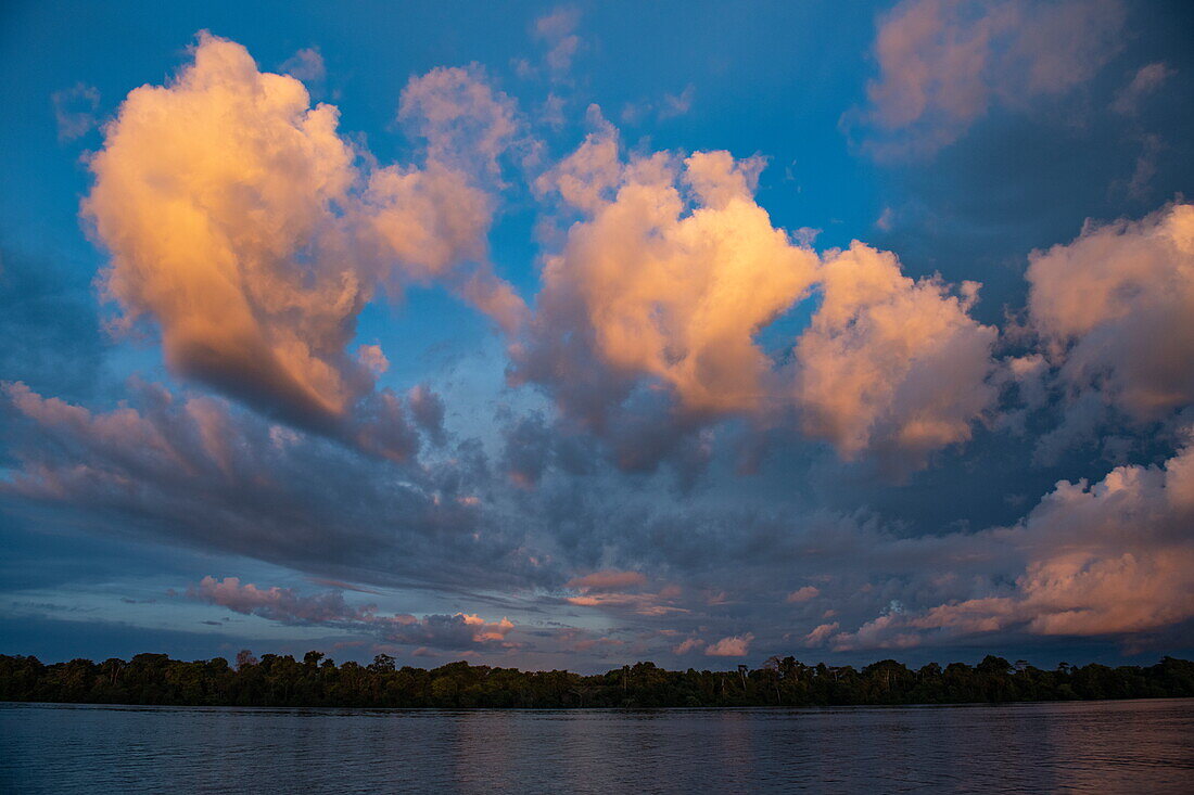 Dramatic sunset over a tributary of the Amazon, near Manaus, Amazon, Brazil, South America