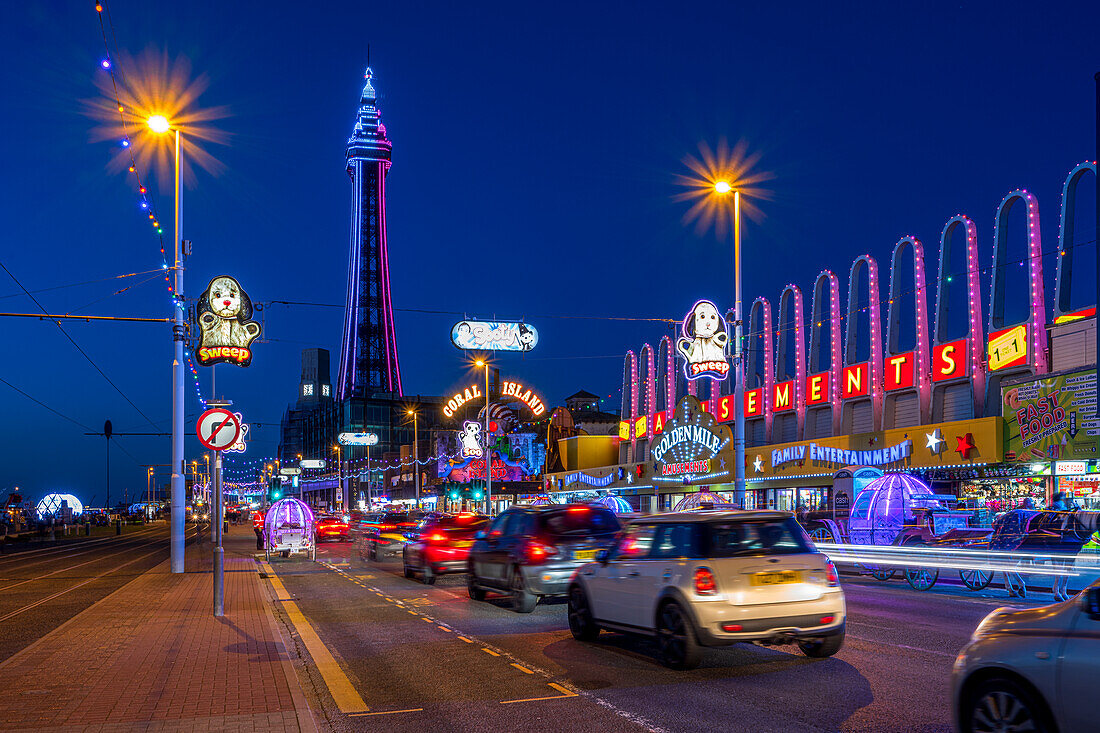 The Golden Mile at night, Blackpool, Lancashire, England, United Kingdom, Europe