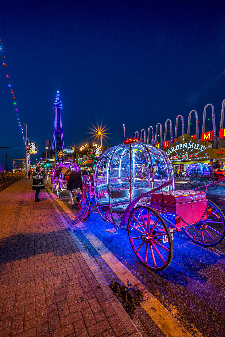 The Golden Mile with glass horse drawn carriage, Blackpool, Lancashire, England, United Kingdom, Europe