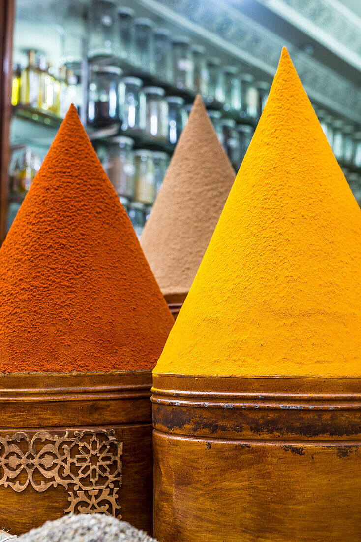 Spices for sale in souk, Medina, Marrakech, Morocco, North Africa, Africa