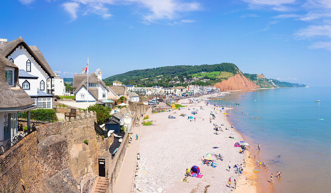 View of Sidmouth shingle beach and Sidmouth Town, Sidmouth, Devon, England, United Kingdom, Europe