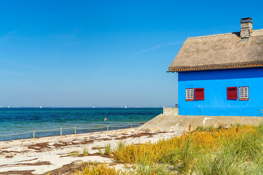 Ferienhäuser am Strand auf der Halbinsel Graswarder bei Heiligenhafen, Schleswig-Holstein, Deutschland