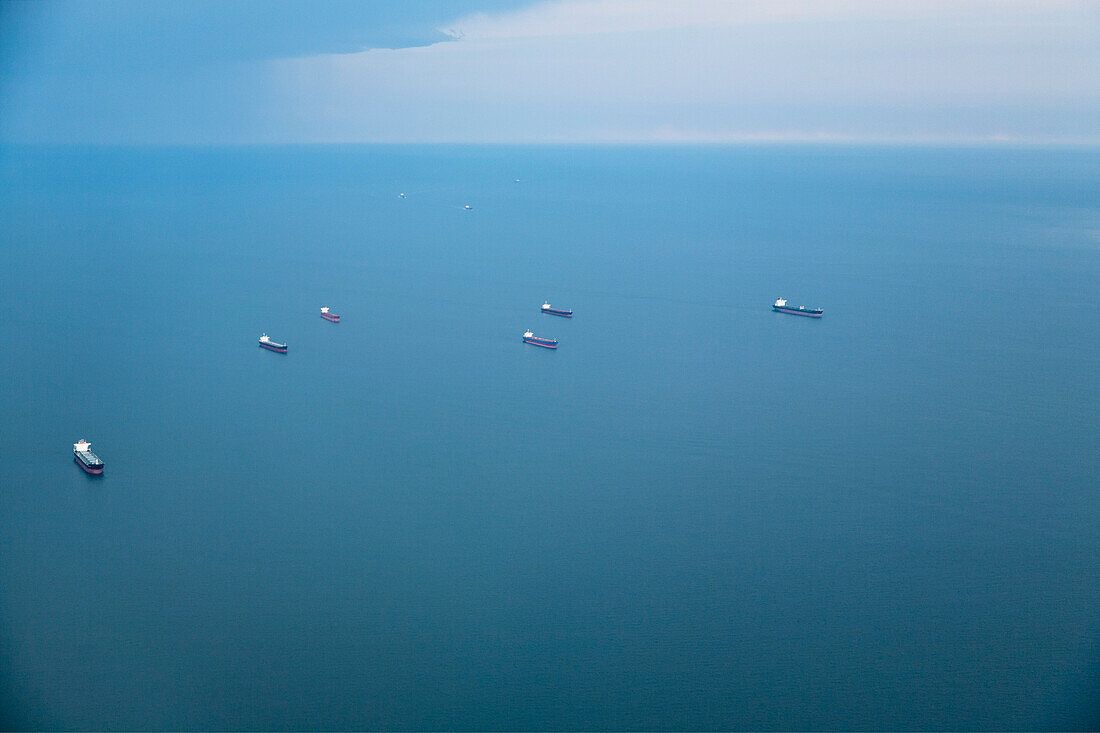 United States, Virginia, Tankers on ocean, aerial view