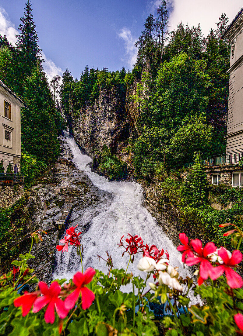 View from the waterfall bridge to the middle waterfall in Bad Gastein, Salzburger Land, Austria