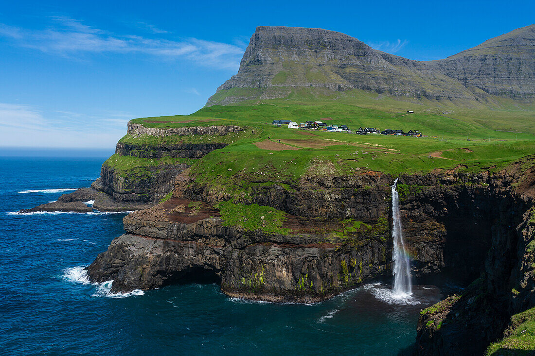 Mulafossur waterfall, Gasaldur, Vagar Island, Faroe Islands, Denmark, Europe