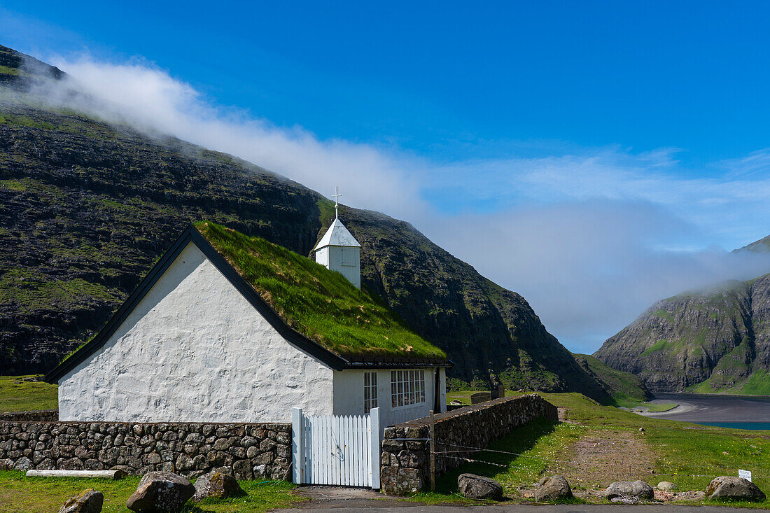 Building with turf roof, Saksun, Streymoy Island, Faroe Islands, Denmark, Europe