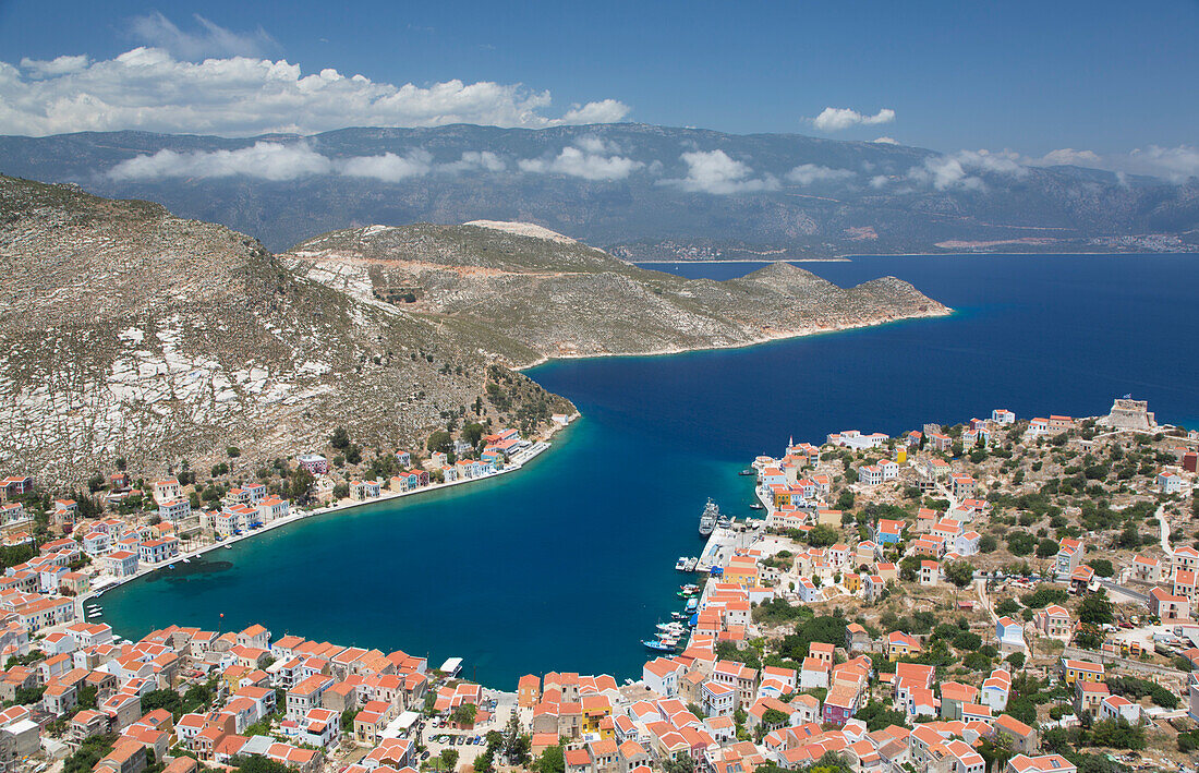 Kastellorizo Harbour, from Cliff Steps, Kastellorizo (Megisti) Island, Dodecanese Group, Greek Islands, Greece, Europe