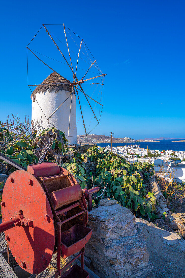 View of whitewashed windmill overlooking town, Mykonos Town, Mykonos, Cyclades Islands, Greek Islands, Aegean Sea, Greece, Europe