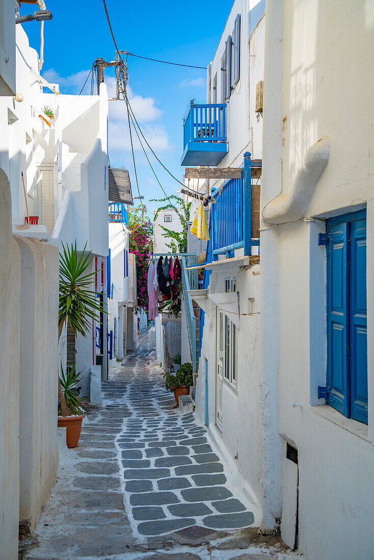 Blick auf schmale Straße, Mykonos-Stadt, Mykonos, Kykladen, griechische Inseln, Ägäis, Griechenland, Europa