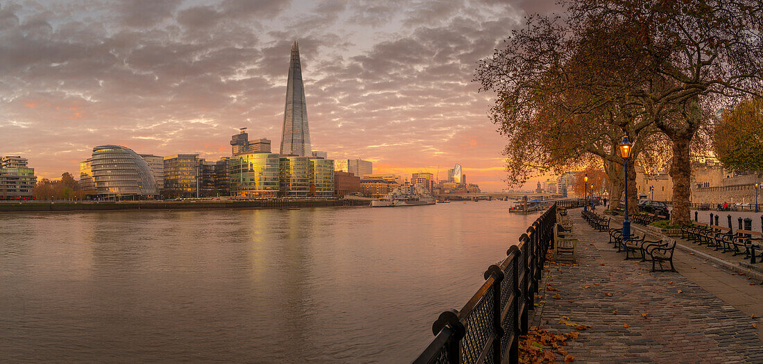 Panoramic view of The Shard, South Bank and River Thames with dramatic sky at sunrise, London, England, United Kingdom, Europe