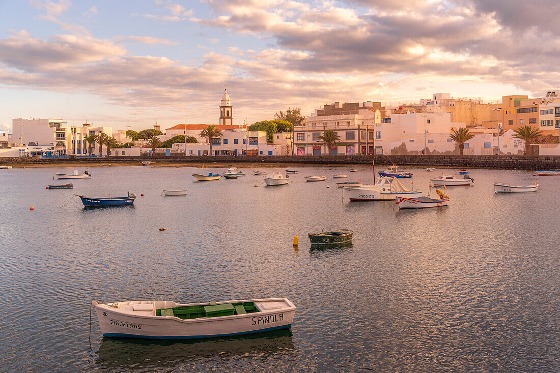 View of Baha de Arrecife Marina and Obispado Diocesis de Canarias Church at sunset, Arrecife, Lanzarote, Canary Islands, Spain, Atlantic, Europe