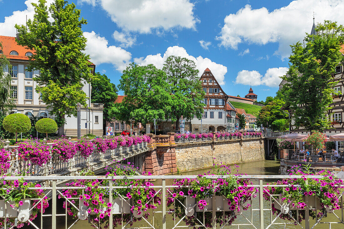 View over Rossneckar Canal to the castle, old town of Esslingen am Neckar, Baden-Wurttemberg, Germany, Europe