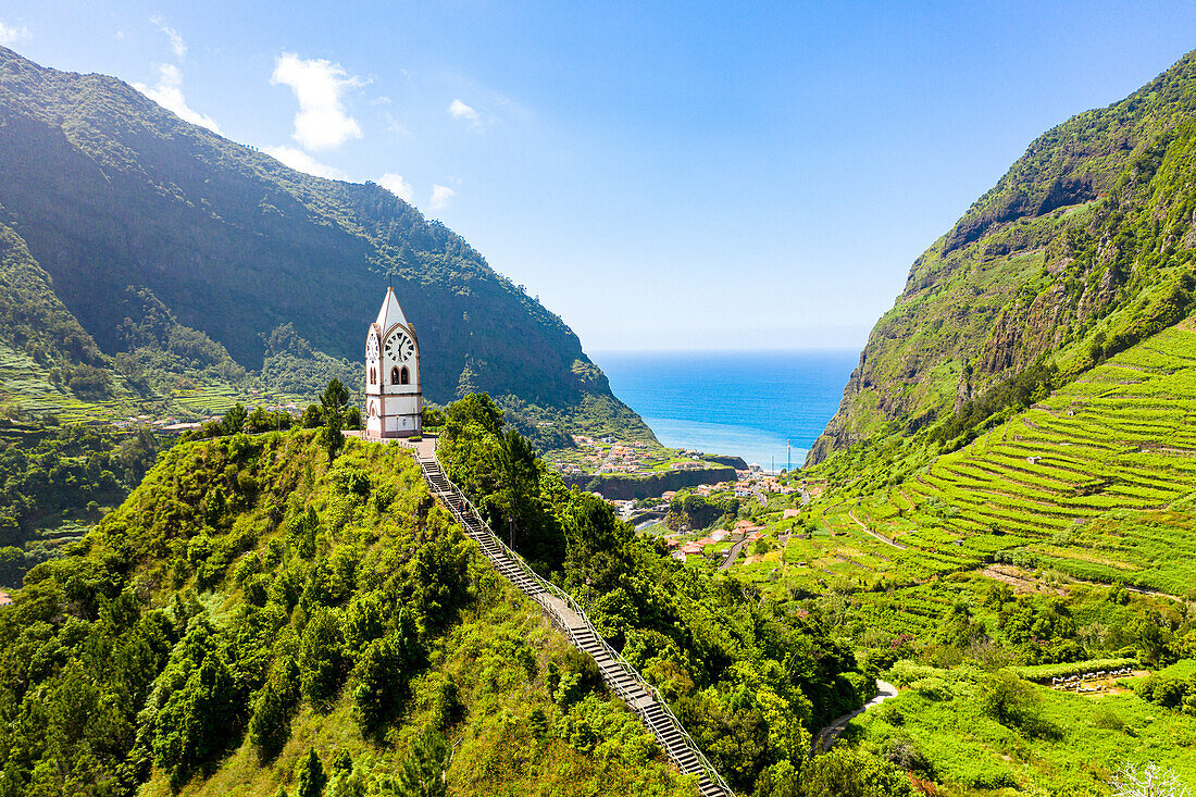 The chapel-tower Nossa Senhora de Fatima on top of green hills, Sao Vicente, Madeira island, Portugal, Atlantic, Europe