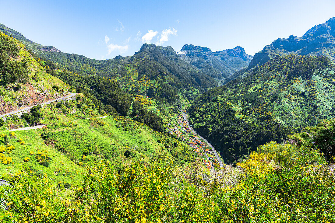 High angle view of Serra de Agua village in the green valley, Ribeira Brava municipality, Madeira island, Portugal, Atlantic, Europe