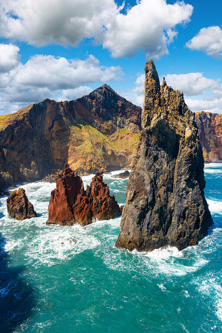 Majestic pinnacle of sea stack rock hit by waves, Sao Lourenco viewpoint, Canical, Madeira island, Portugal, Atlantic, Europe