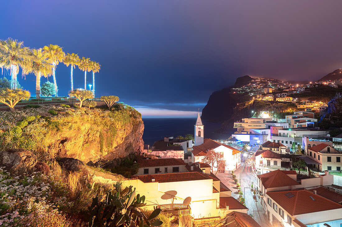 Old town of Camara de Lobos and cliffs at dusk, Madeira island, Portugal, Atlantic, Europe