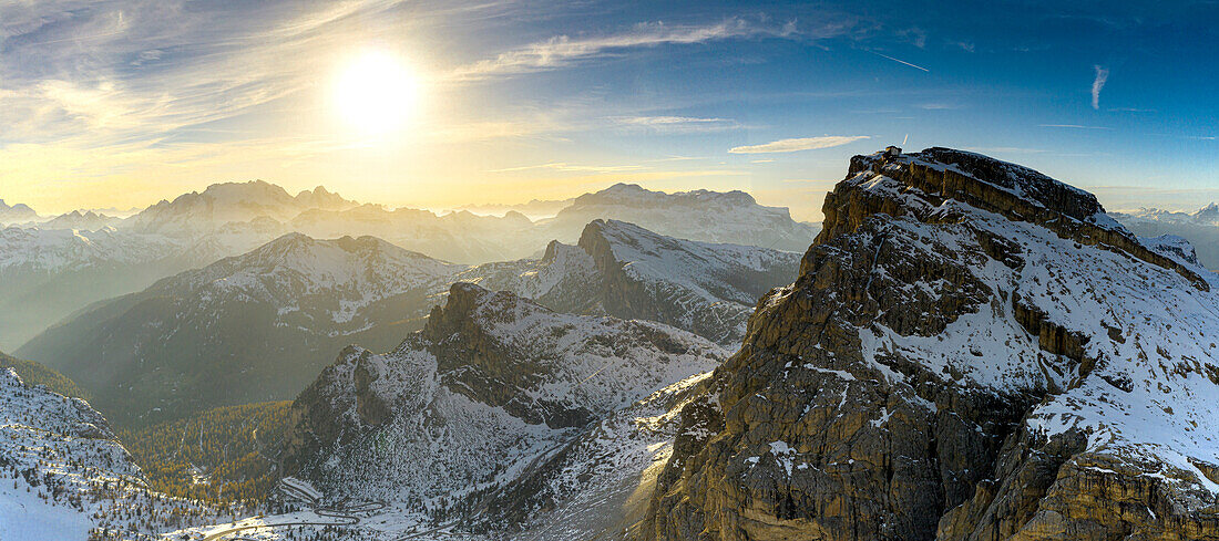 Aerial view of sunset over Mount Lagazuoi in autumn, Fanis Group, Dolomites, Belluno province, Veneto, Italy, Europe