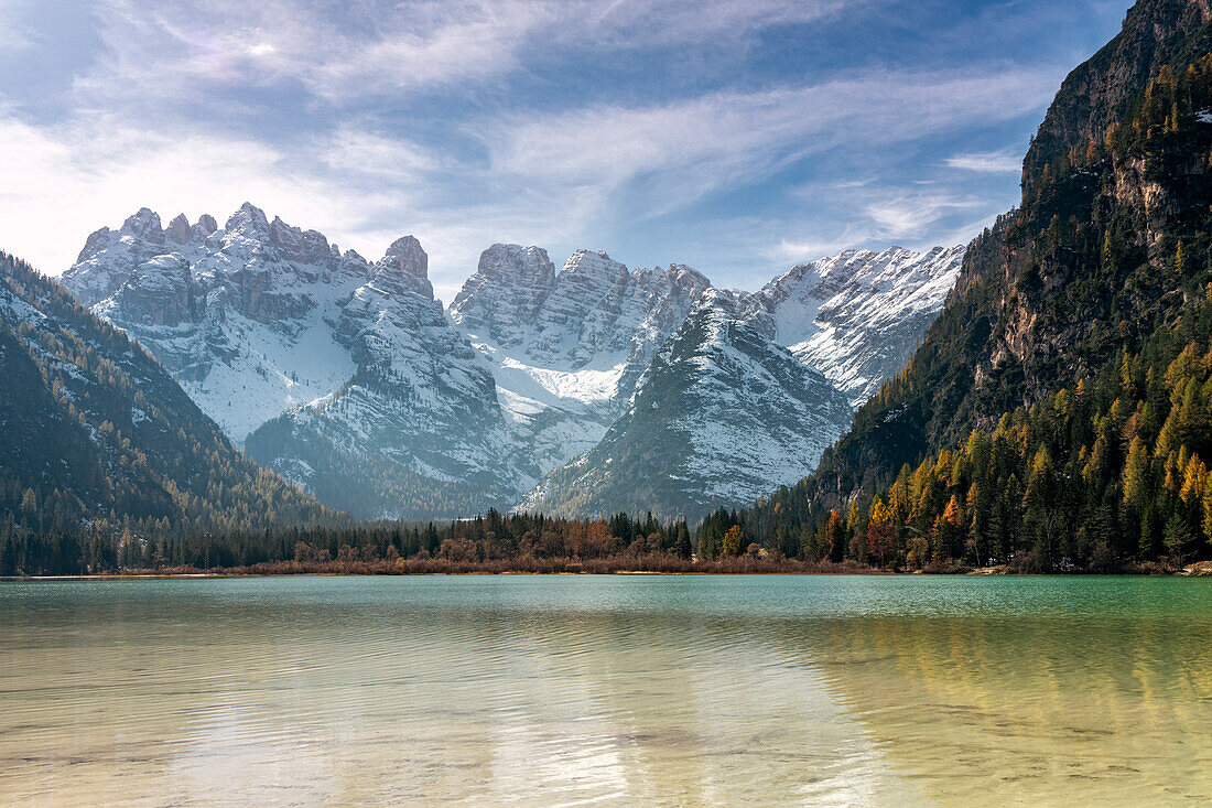 Peaks of Cristallo group view from the pristine Lake Landro, Dolomites, Dobbiaco, Bolzano province, South Tyrol, Italy, Europe