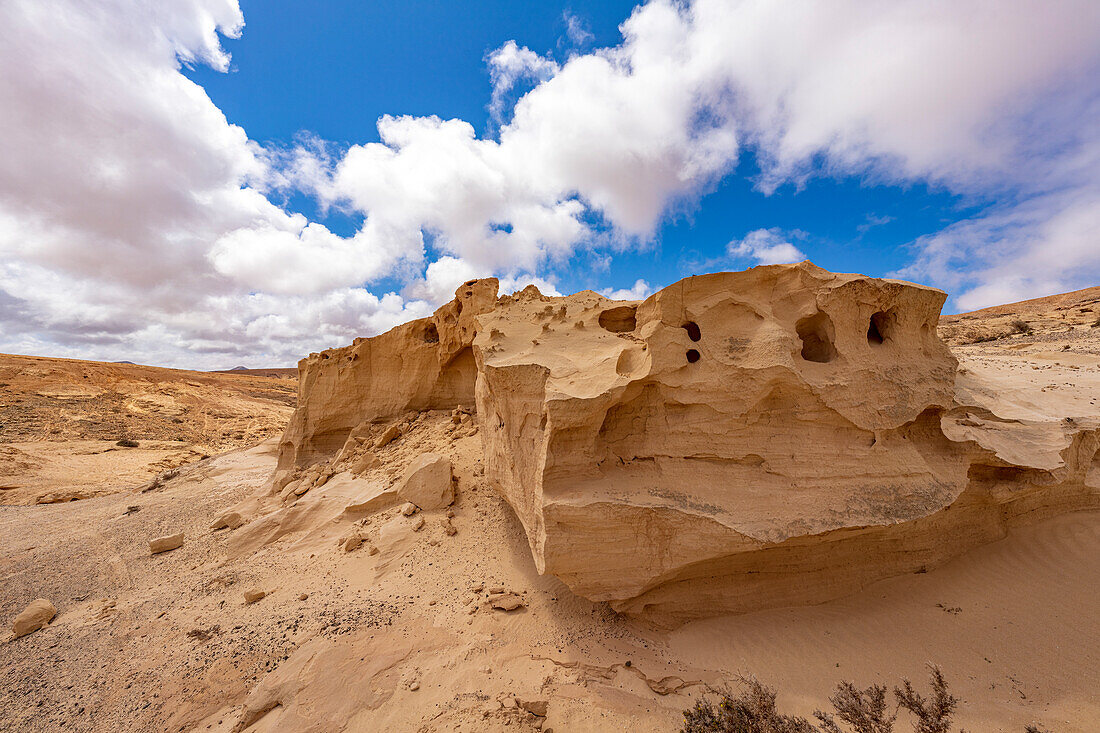 Sandstone rock formation eroded by wind, Barranco de los Encantados (Barranco de los Enamorados), Fuerteventura, Canary Islands, Spain, Atlantic, Europe