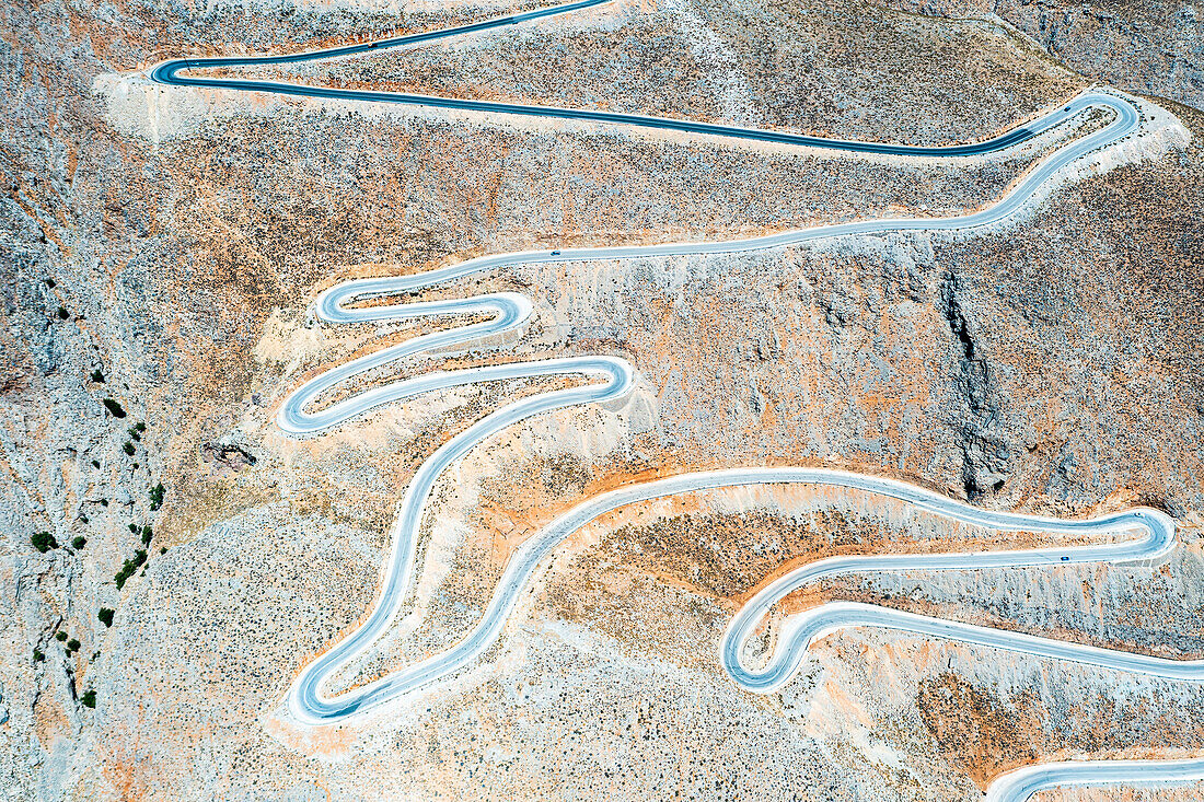 Hairpin bends of mountain road from above, aerial view, Crete island, Greek Islands, Greece, Europe