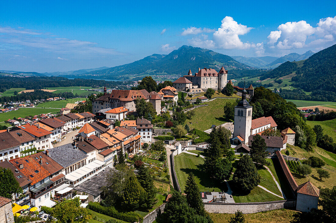 Aerial of Gruyere Castle, Fribourg, Switzerland, Europe