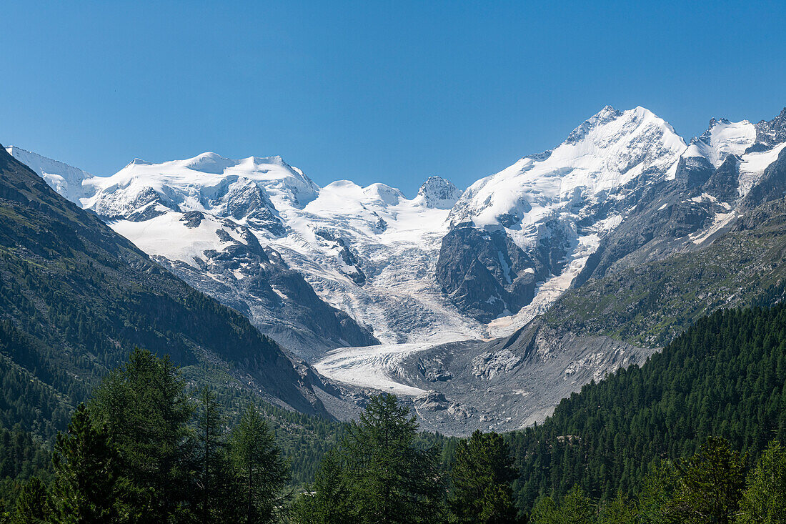 Piz Bernina and its glacier, St. Moritz, Engadine, Graubunden, Rhaetian Alps, Switzerland, Europe