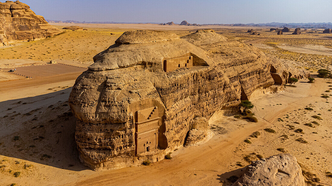 Aerial of the rock tombs, Madain Saleh (Hegra) (Al Hijr), UNESCO World Heritage Site, Al Ula, Kingdom of Saudi Arabia, Middle East