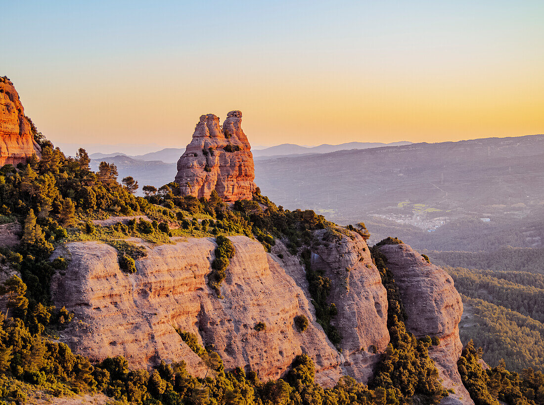 La Castellassa de Can Torras and La Mola at sunrise, Sant Llorenc del Munt Natural Park, Matadepera, Catalonia, Spain, Europe