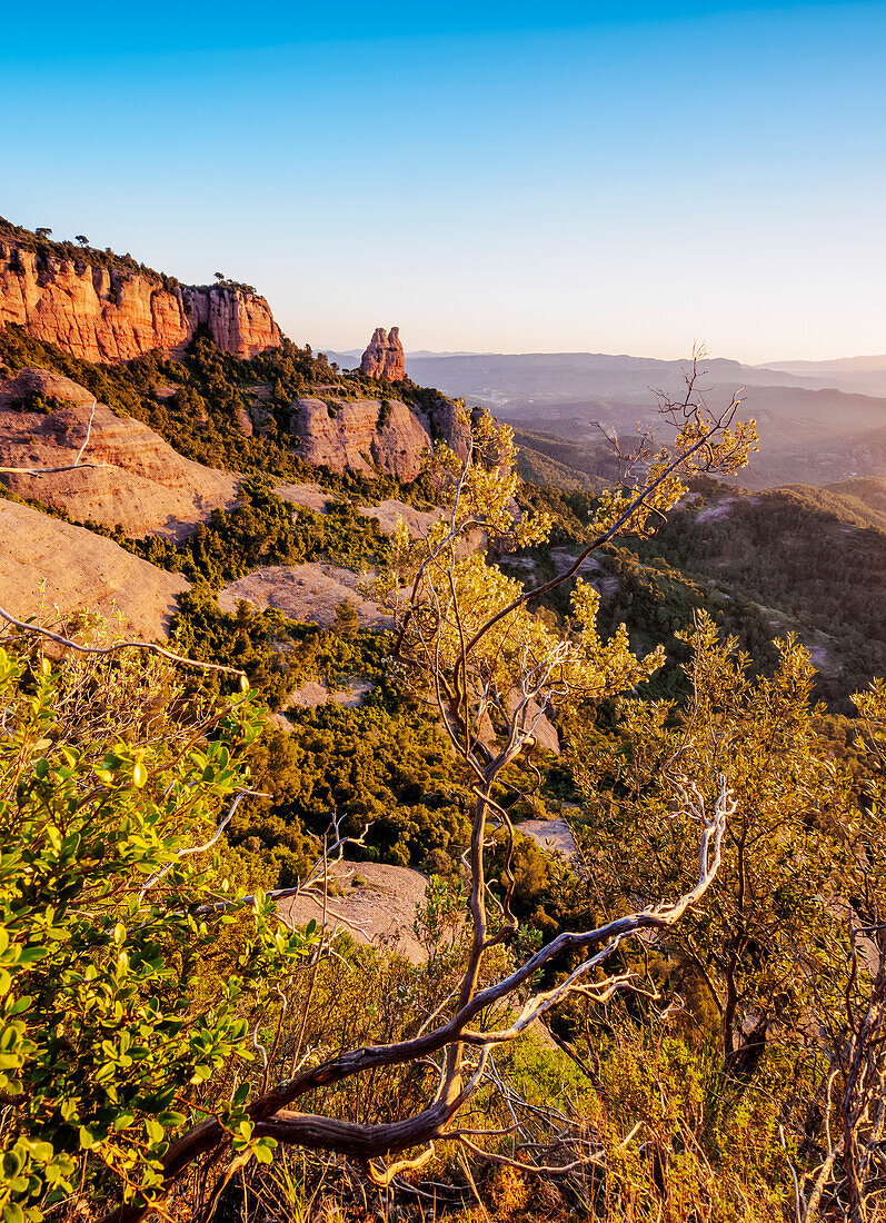 La Castellassa de Can Torras and La Mola at sunrise, Sant Llorenc del Munt Natural Park, Matadepera, Catalonia, Spain, Europe