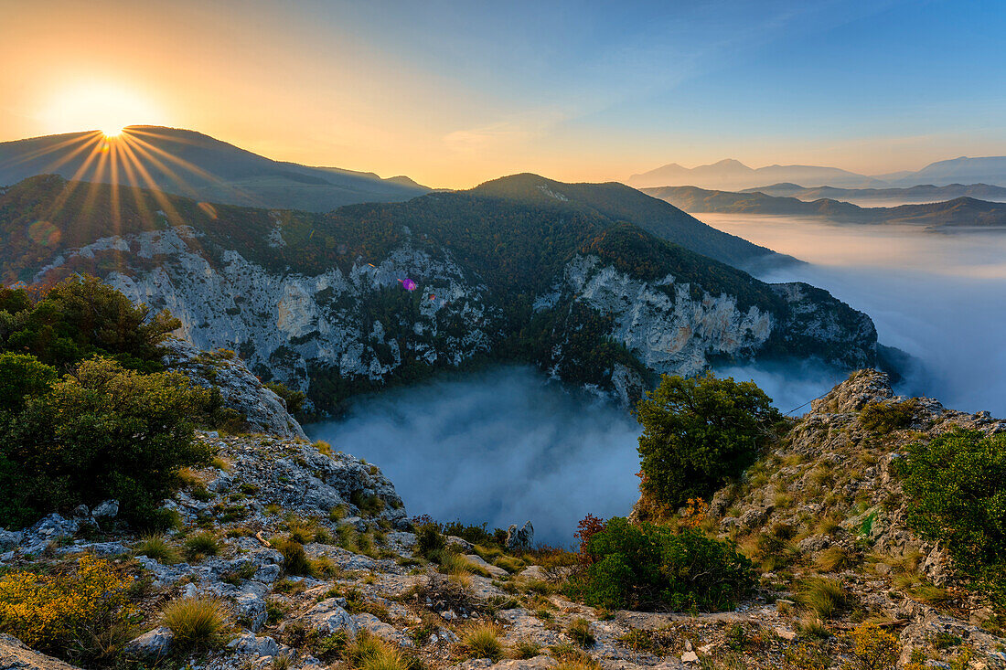 Fluss Condigliano im Nebel, Furlo-Schlucht, Marken, Italien, Europa