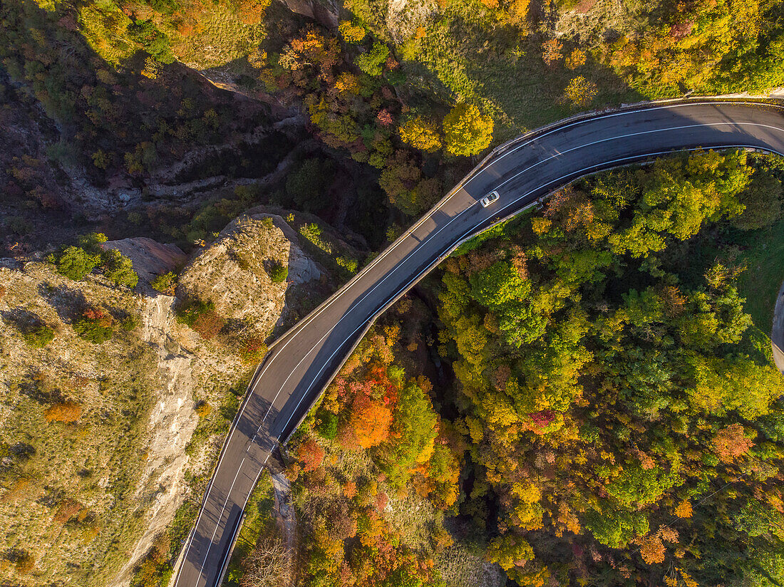 Aerial view of Scheggia Pass and Ponte a Botte bridge in autumn, Scheggia, Apennines, Umbria, Italy, Europe
