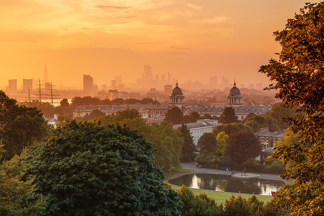 View of Greenwich Old Royal Naval College and London skyline at dusk, Greenwich, London, England, United Kingdom, Europe