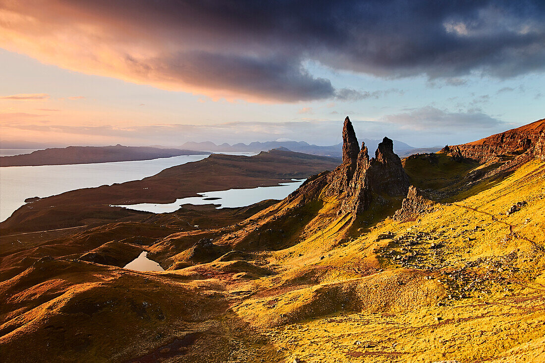 Old Man of Storr at a golden sunrise, Isle of Skye, Inner Hebrides, Scotland, United Kingdom, Europe